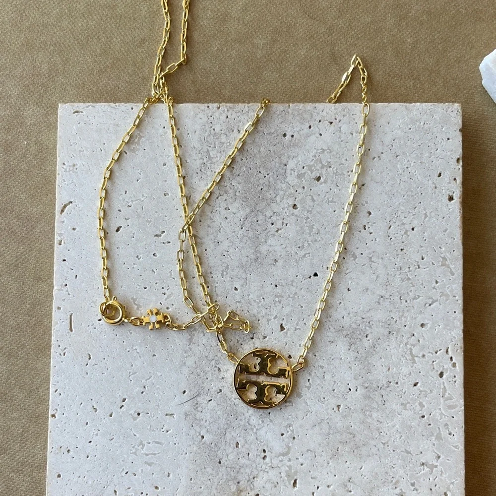 Tory Burch Polished Gold Double-T Round Pendant Necklace